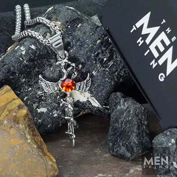 SWORD OF ANGLE (RED STONE) -  Alloy Pendant with Pure Stainless Steel 24inch Round Box Chain, European trending Style for Men & Boys