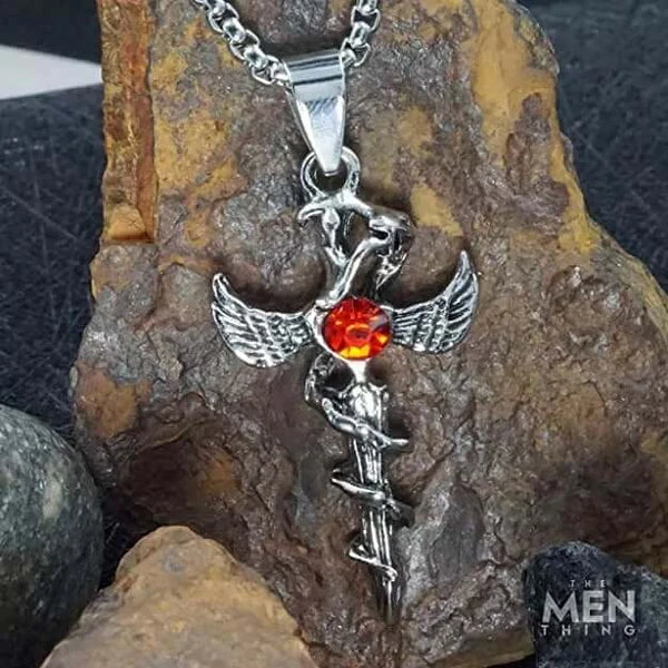 SWORD OF ANGLE (RED STONE) -  Alloy Pendant with Pure Stainless Steel 24inch Round Box Chain, European trending Style for Men & Boys