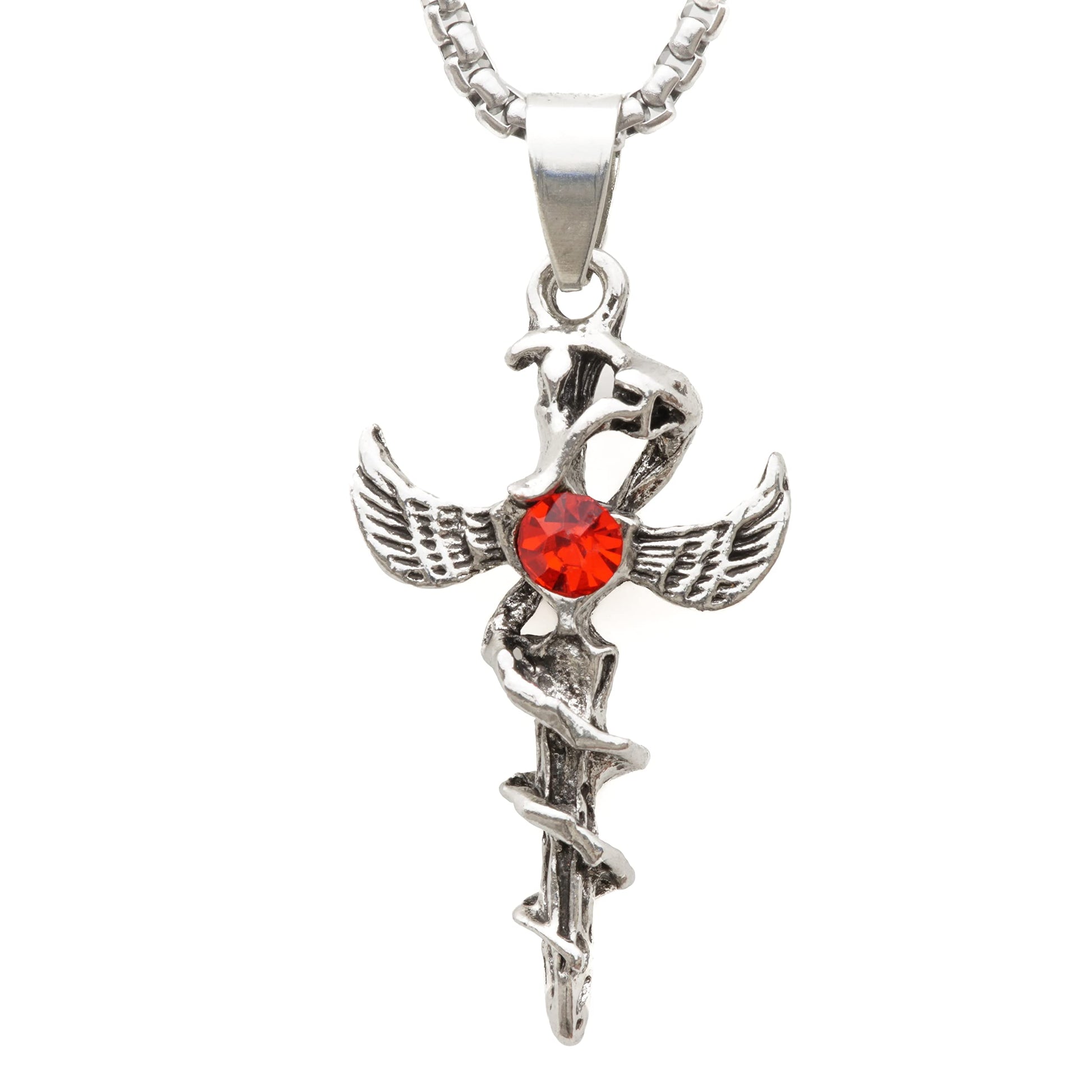 THE MEN THING SS Pendant/ Necklace SWORD OF ANGLE (RED STONE) -  Alloy Pendant with Pure Stainless Steel 24inch Round Box Chain, European trending Style for Men & Boys