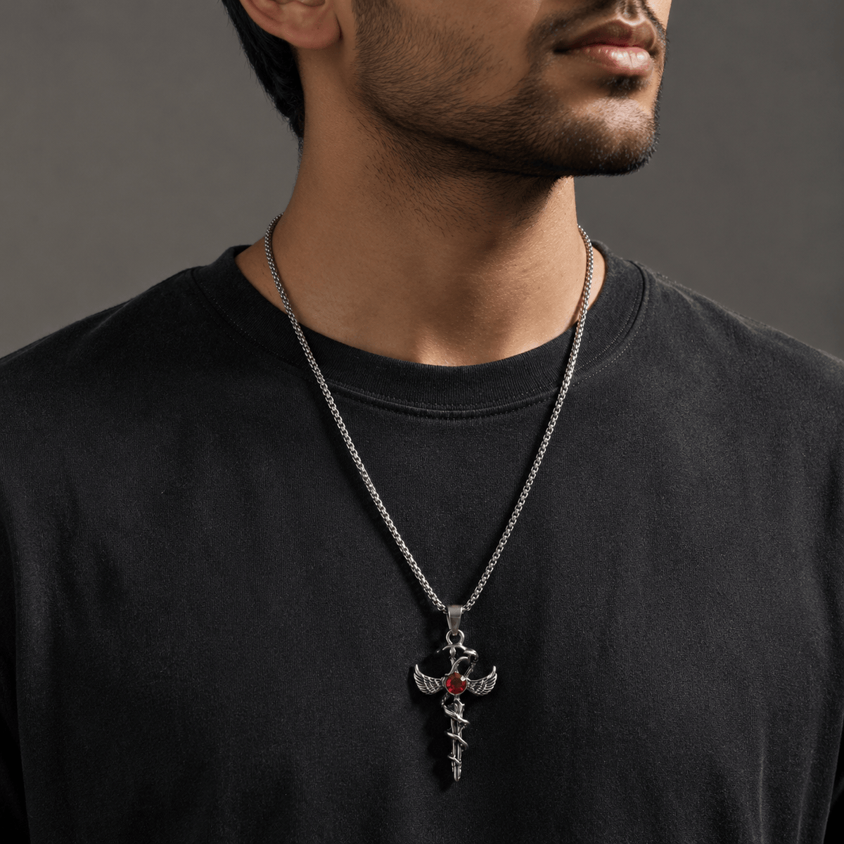 THE MEN THING SS Pendant/ Necklace SWORD OF ANGLE (RED STONE) -  Alloy Pendant with Pure Stainless Steel 24inch Round Box Chain, European trending Style for Men & Boys