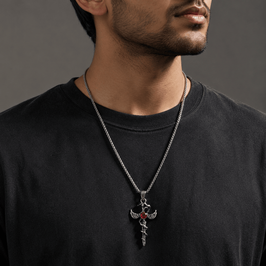 THE MEN THING SS Pendant/ Necklace SWORD OF ANGLE (RED STONE) -  Alloy Pendant with Pure Stainless Steel 24inch Round Box Chain, European trending Style for Men & Boys