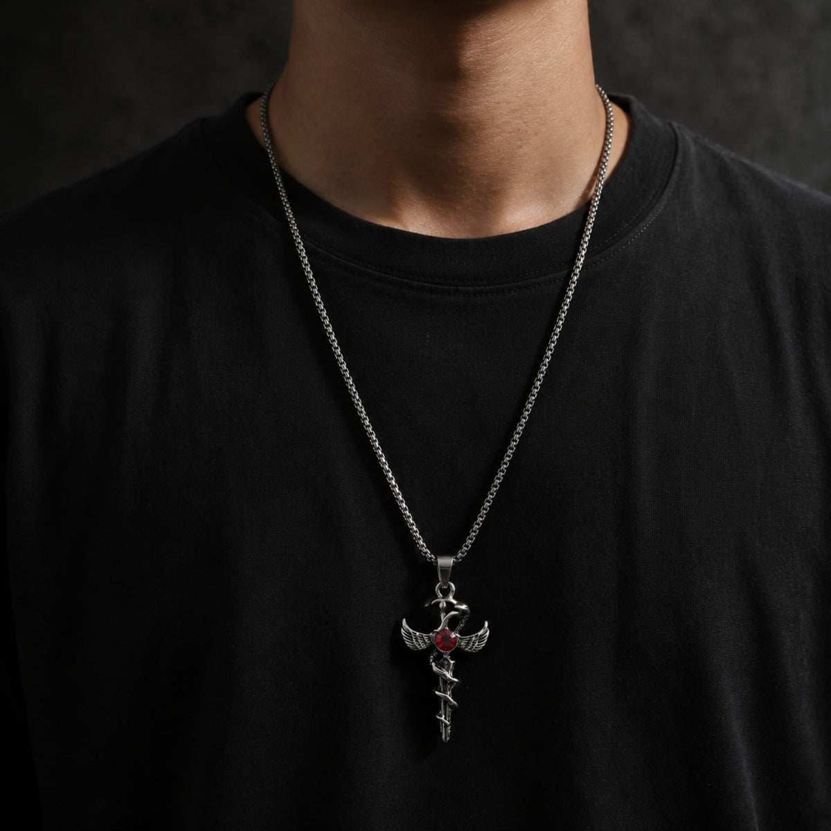THE MEN THING SS Pendant/ Necklace SWORD OF ANGLE (RED STONE) (T) - Pure Titanium Steel Pendant with Stainless Steel 24inch Round Box Chain, European trending Style for Men & Boy