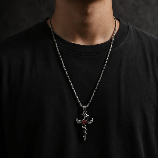 THE MEN THING SS Pendant/ Necklace SWORD OF ANGLE (RED STONE) (T) - Pure Titanium Steel Pendant with Stainless Steel 24inch Round Box Chain, European trending Style for Men & Boy