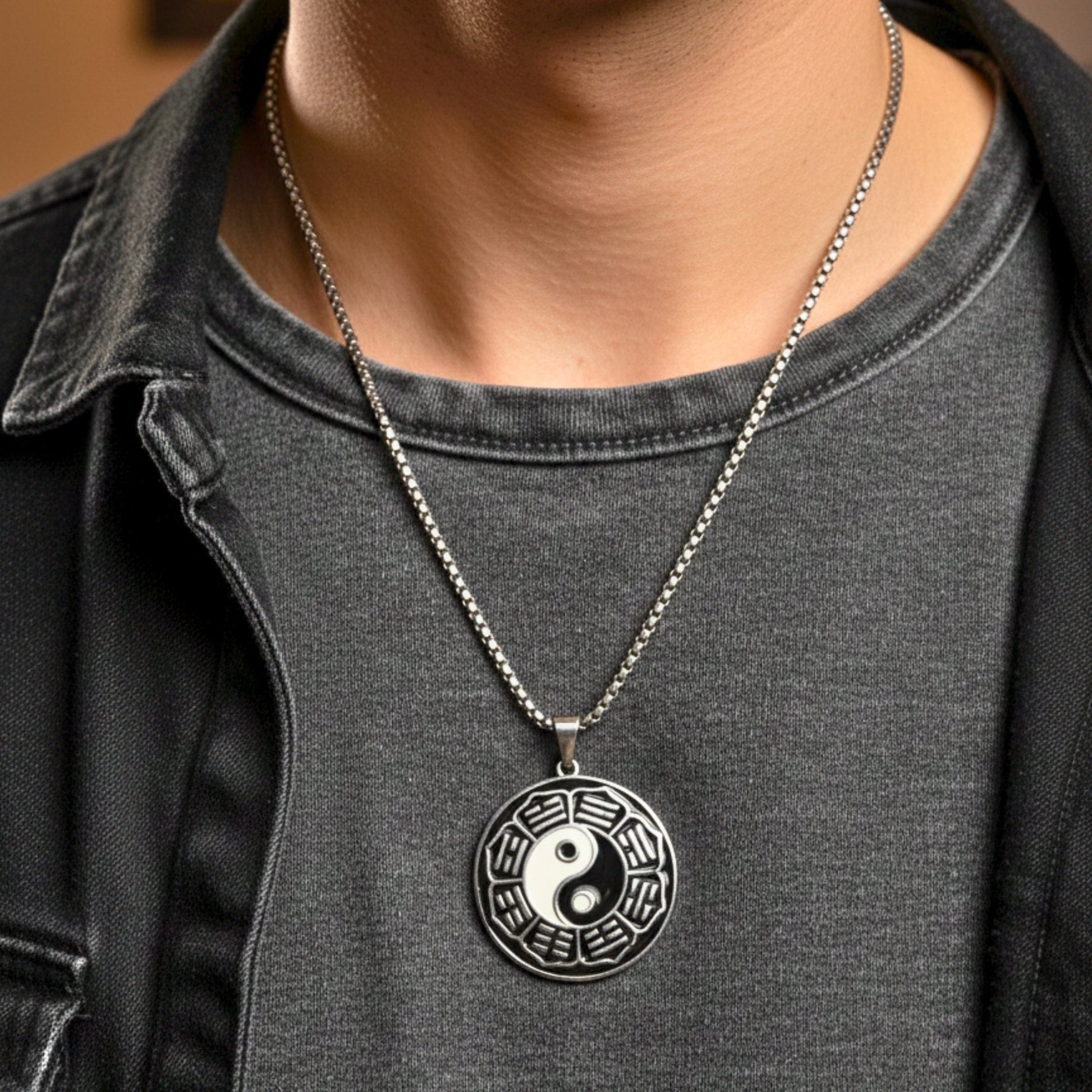 THE MEN THING SS Pendant/ Necklace TAOSPIRIT - 38mm Titanium Steel Pendant with 24inch Round Box 5mm Chain for Men & Boys
