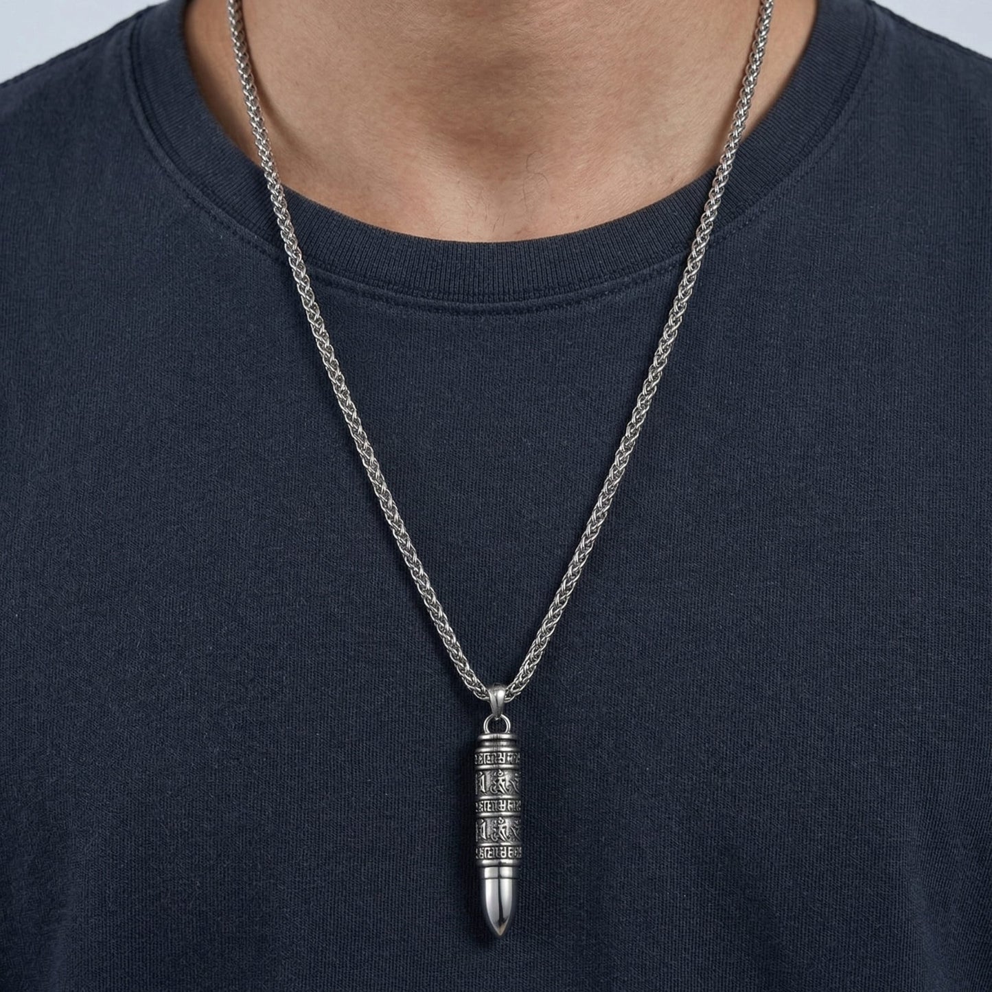 THE MEN THING SS Pendant/ Necklace THE SECRET BOX BULLET - 11mm Pure Titanium Steel Pendant with 23inch Twisted 4mm Chain for Men & Boys