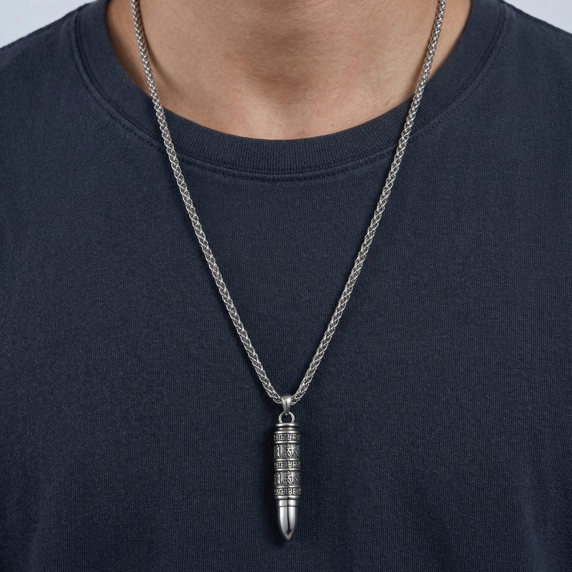 THE MEN THING SS Pendant/ Necklace THE SECRET BOX BULLET - 11mm Pure Titanium Steel Pendant with 23inch Twisted 4mm Chain for Men & Boys