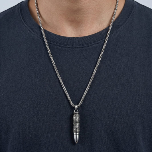 THE MEN THING SS Pendant/ Necklace THE SECRET BOX BULLET - 11mm Pure Titanium Steel Pendant with 23inch Twisted 4mm Chain for Men & Boys