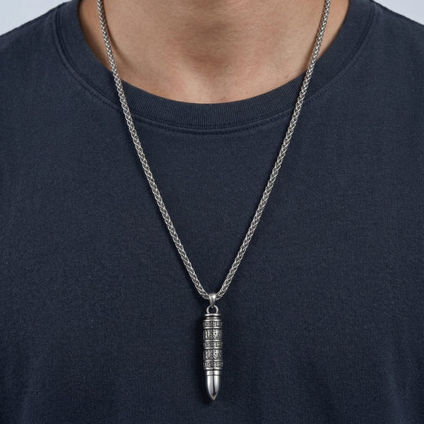 THE SECRET BOX BULLET - 11mm Pure Titanium Steel Pendant with 23inch Twisted 4mm Chain for Men & Boys