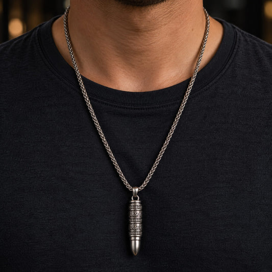 THE MEN THING SS Pendant/ Necklace THE SECRET BOX BULLET - 11mm Pure Titanium Steel Pendant with 23inch Twisted 4mm Chain for Men & Boys
