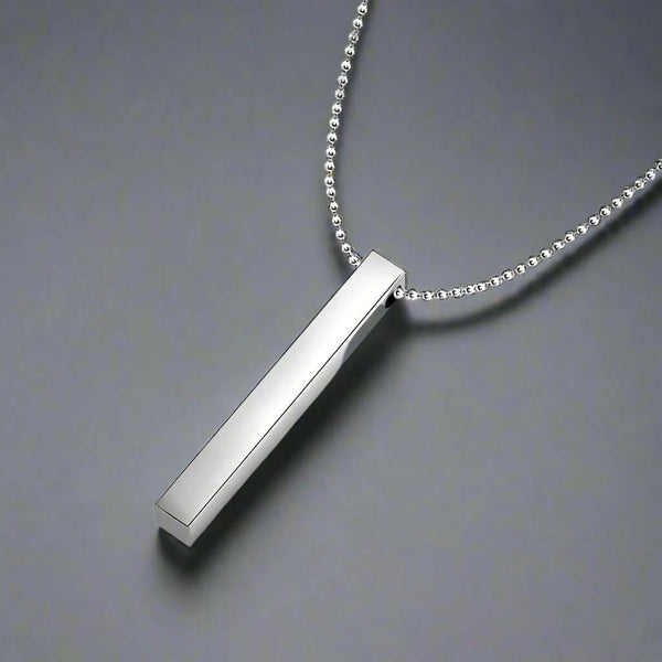 THE SLEEK (T) - Pure Titanium Steel 3D Silver Cuboid Vertical Bar Pendant with 24inch Ball Chain for Men & Boys
