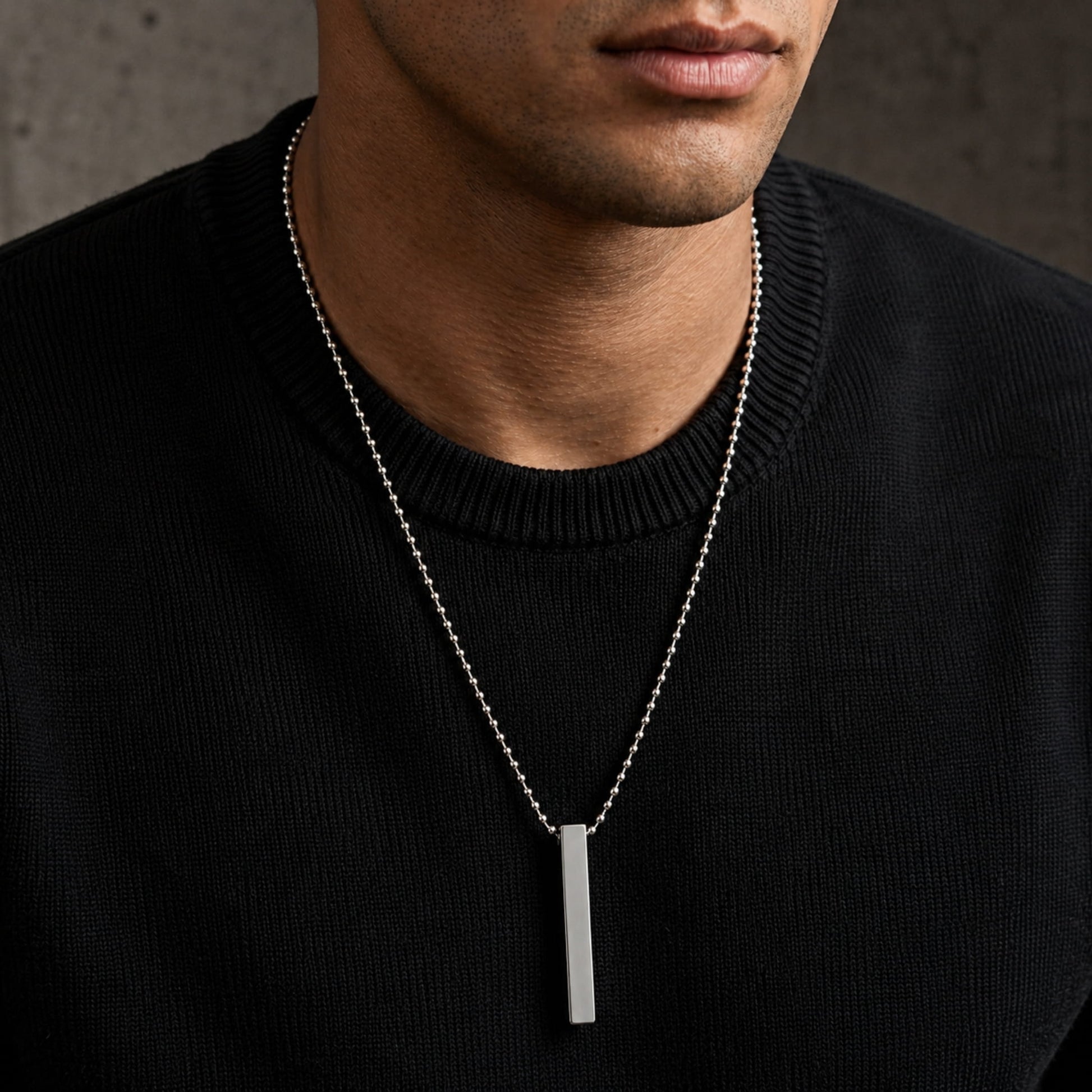 THE MEN THING SS Pendant/ Necklace THE SLEEK (T) - Pure Titanium Steel 3D Silver Cuboid Vertical Bar Pendant with 24inch Ball Chain for Men & Boys
