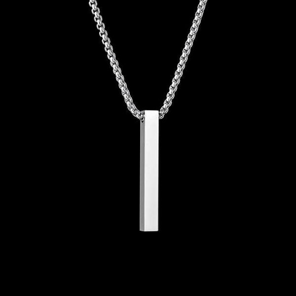 THE ULTRA SLEEK (T) - Pure Titanium Steel Ultra Polished 3D Silver Cuboid Vertical Bar Pendant with 24inch Round Box Chain for Men & Boys
