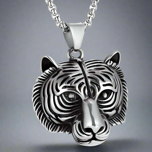 TIGER HEAD -  Alloy Pendant with Pure Stainless Steel  24inch Round Box Chain, American trending Style for Men & Boy