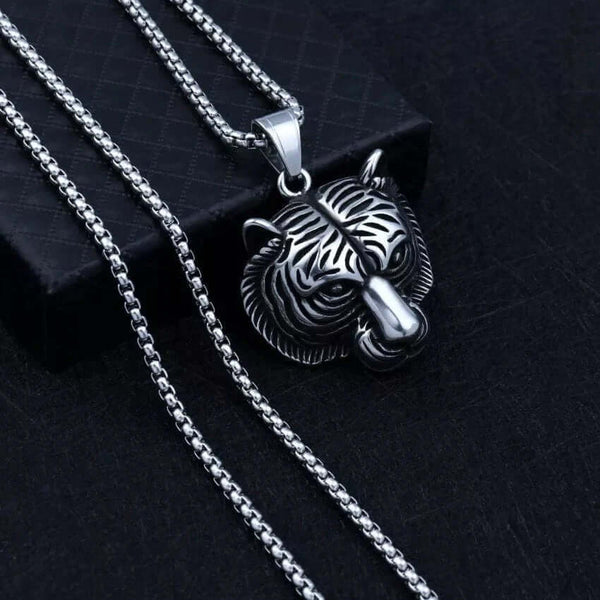TIGER HEAD -  Alloy Pendant with Pure Stainless Steel  24inch Round Box Chain, American trending Style for Men & Boy