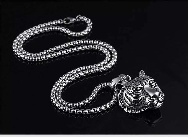 TIGER HEAD -  Alloy Pendant with Pure Stainless Steel  24inch Round Box Chain, American trending Style for Men & Boy