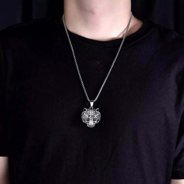 TIGER HEAD -  Alloy Pendant with Pure Stainless Steel  24inch Round Box Chain, American trending Style for Men & Boy