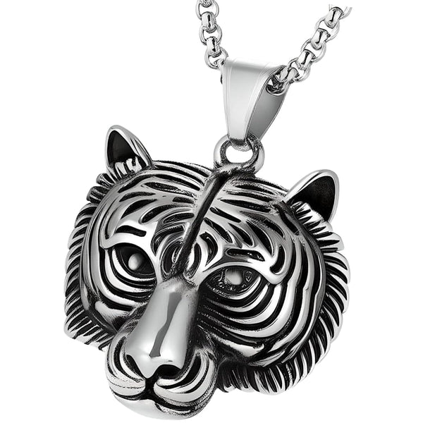 TIGER HEAD -  Alloy Pendant with Pure Stainless Steel  24inch Round Box Chain, American trending Style for Men & Boy