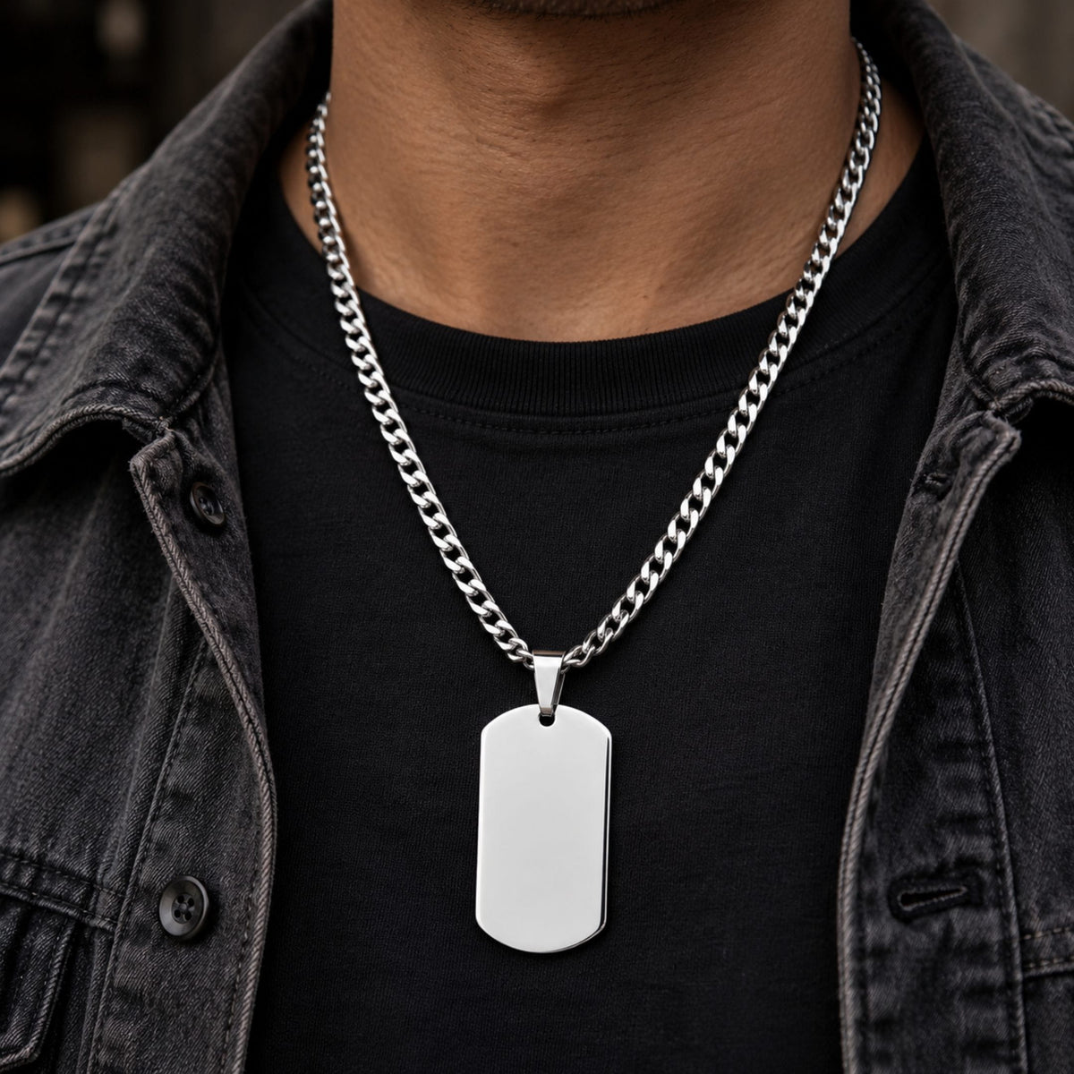 THE MEN THING SS Pendant/ Necklace TITAN TAG - Pure Steel 30mm Pendant with 24inch Curb Link 4mm Chain for Men & Boys