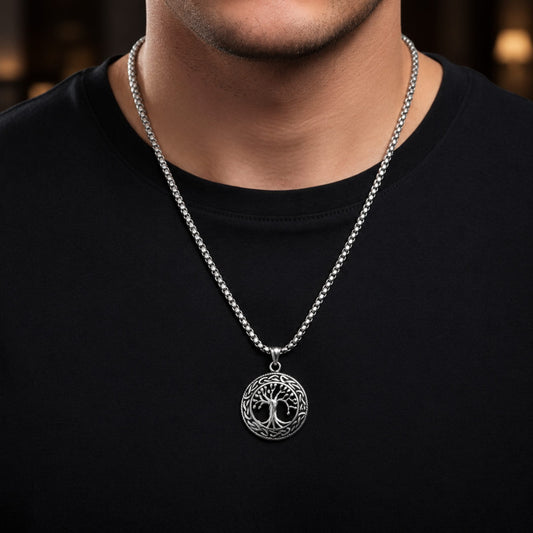 THE MEN THING SS Pendant/ Necklace TREE OF LIFE (T) - Pure Titanium Steel Pendant with Stainless Steel 24inch Round Box Chain, European trending Style for Men & Boy