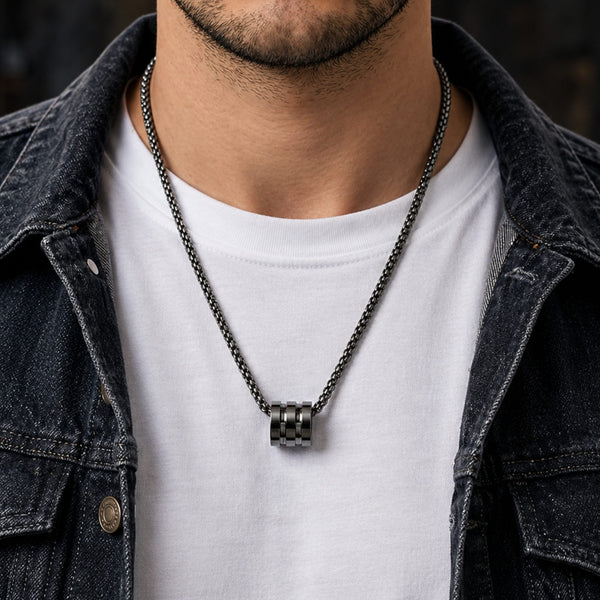 TRIPLE BARREL - BLACK - 9mm Titanium Steel Pendant with 23inch Round Box 4mm Chain for Men & Boys