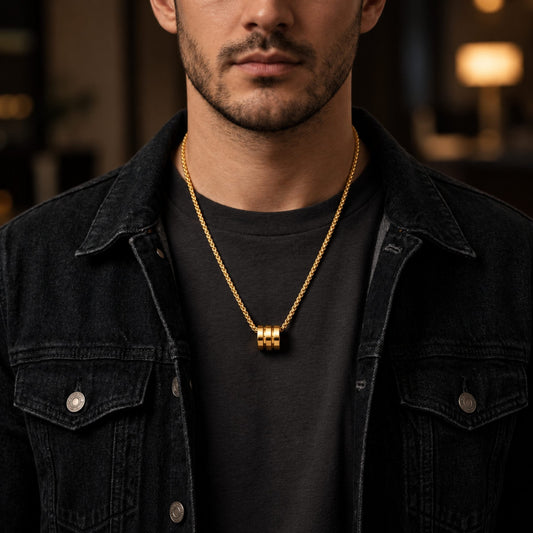 THE MEN THING SS Pendant/ Necklace TRIPLE BARREL - GOLDEN - 9mm Pure Titanium Steel Pendant with 23inch Round Box 4mm Chain for Men & Boys