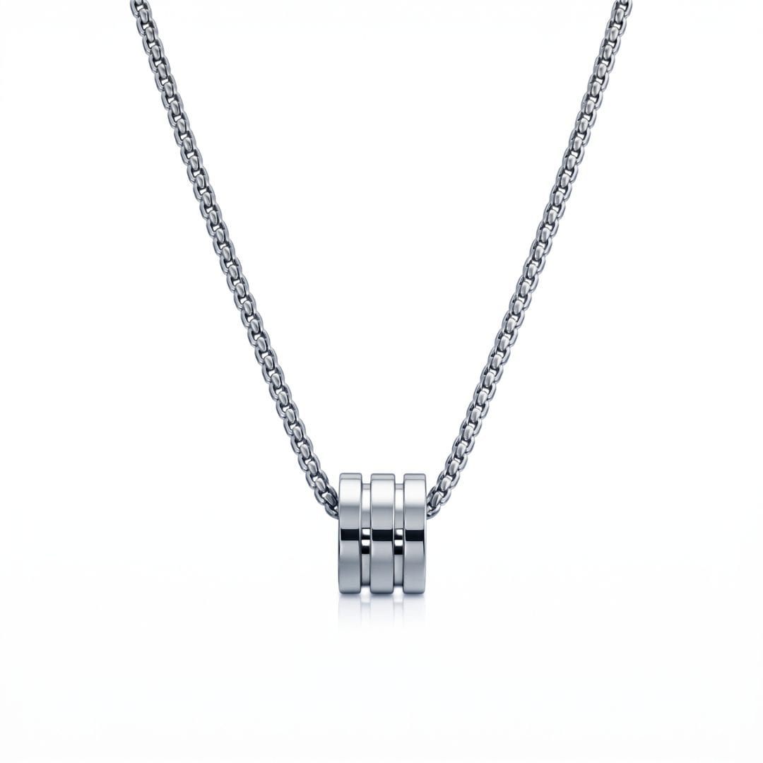 THE MEN THING SS Pendant/ Necklace TRIPLE BARREL - STEEL - 9mm Pure Titanium Steel Pendant with 23inch Round Box 4mm Chain for Men & Boys