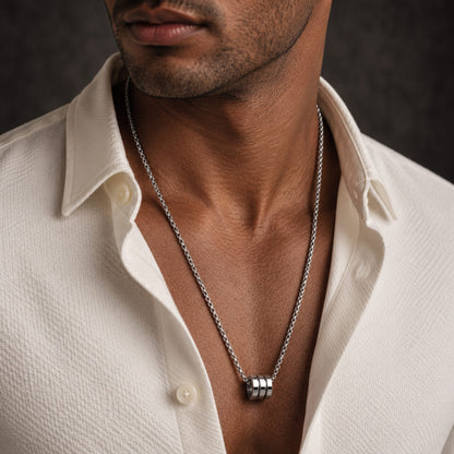 THE MEN THING SS Pendant/ Necklace TRIPLE BARREL - STEEL - 9mm Pure Titanium Steel Pendant with 23inch Round Box 4mm Chain for Men & Boys