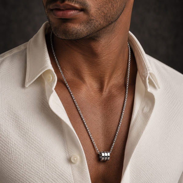 TRIPLE BARREL - STEEL - 9mm Pure Titanium Steel Pendant with 23inch Round Box 4mm Chain for Men & Boys