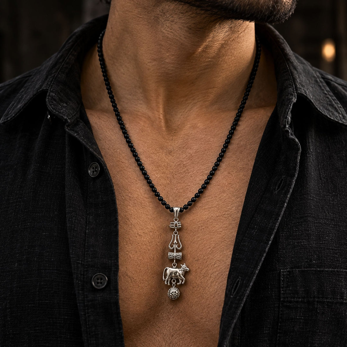 THE MEN THING SS Pendant/ Necklace TRISHUL LEGACY - Pure Steel Pendant with Beaded Necklace for Men and Boys (24 Inch)