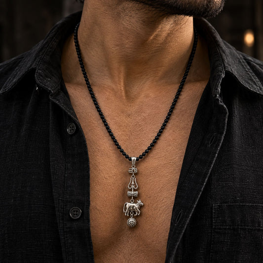 THE MEN THING SS Pendant/ Necklace TRISHUL LEGACY - Pure Steel Pendant with Beaded Necklace for Men and Boys (24 Inch)