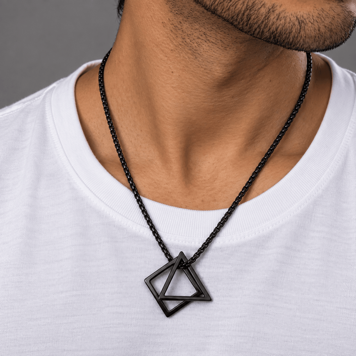 THE MEN THING SS Pendant/ Necklace TRISQUARE BLACK - Alloy Pendant with Pure Stainless Steel 24inch Round Box Chain , Milan trending Style for Men & Boy