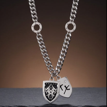 THE MEN THING SS Pendant/ Necklace TWIN CREST - 26mm Titanium Steel Pendant with 22inch Cuban Link 11mm Chain for Men & Boys