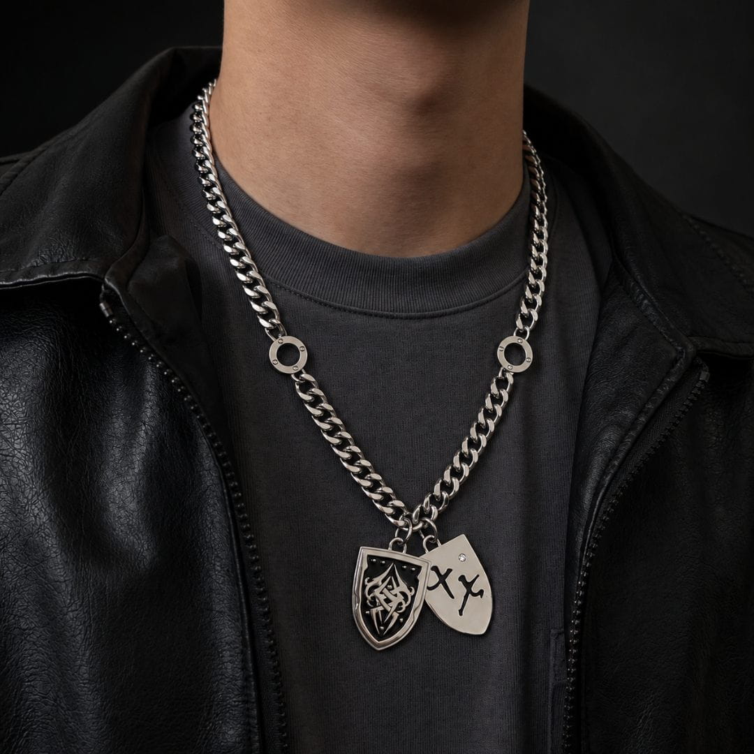 THE MEN THING SS Pendant/ Necklace TWIN CREST - 26mm Titanium Steel Pendant with 22inch Cuban Link 11mm Chain for Men & Boys