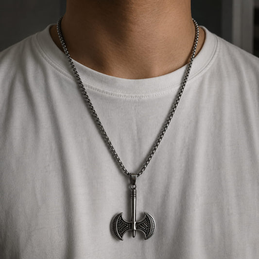 THE MEN THING SS Pendant/ Necklace TWIN SHARP AXE -  Alloy Pendant with Stainless Steel 24inch Round Box Chain, American trending Style for Men & Boy