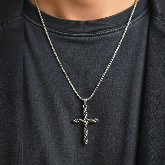 THE MEN THING SS Pendant/ Necklace TWIST CROSS - 33mm Titanium Steel Pendant with 24inch Round Box 5mm Chain for Men & Boys