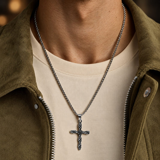 THE MEN THING SS Pendant/ Necklace TWIST CROSS - 33mm Titanium Steel Pendant with 24inch Round Box 5mm Chain for Men & Boys