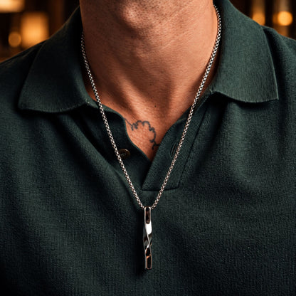 THE MEN THING SS Pendant/ Necklace TWISTED CUBOID VERTICAL BAR -  Alloy Pendant with 24inch Round Box Chain, European trending Style for Men & Boys
