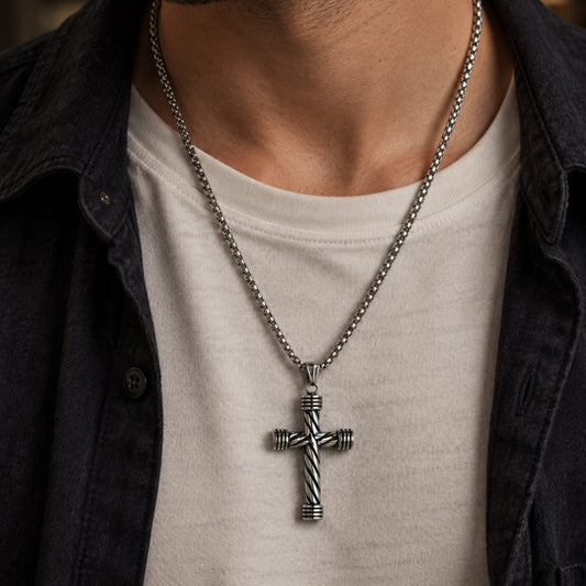 THE MEN THING SS Pendant/ Necklace TWISTED GROOVE CROSS - 32mm Pure Titanium Steel Pendant with 27inch Round Box 4mm Chain for Men & Boys