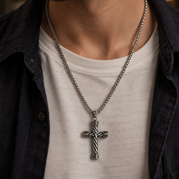 TWISTED GROOVE CROSS - 32mm Pure Titanium Steel Pendant with 27inch Round Box 4mm Chain for Men & Boys