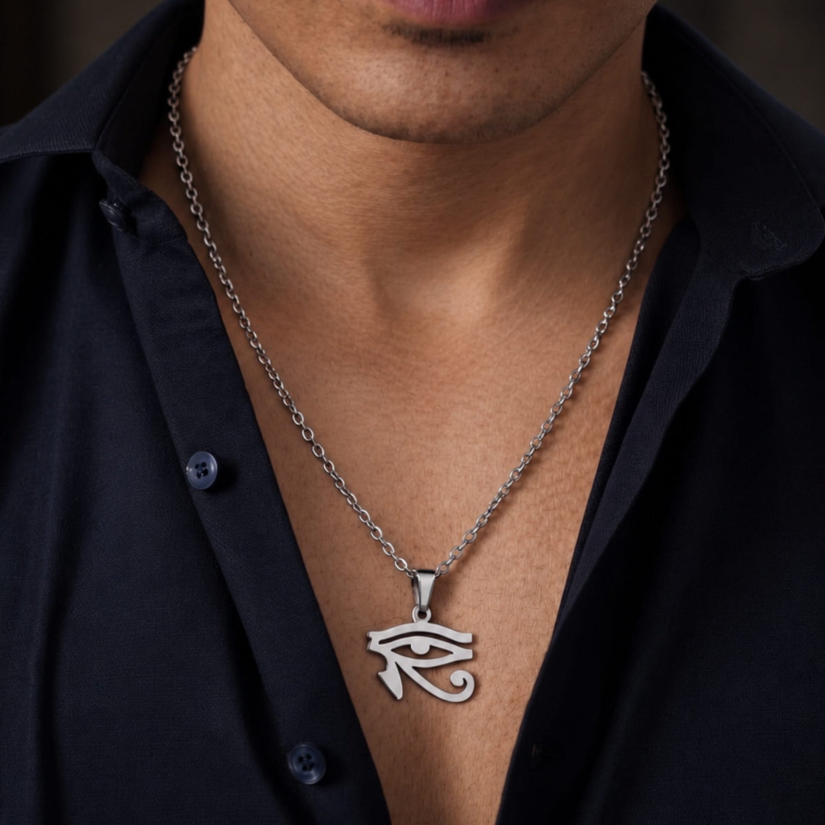 THE MEN THING SS Pendant/ Necklace UDJAT EYE SILVER  -  Pure Titanium Steel Pendant with 19inch Round Box Chain for Men & Boys