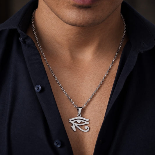 THE MEN THING SS Pendant/ Necklace UDJAT EYE SILVER  -  Pure Titanium Steel Pendant with 19inch Round Box Chain for Men & Boys