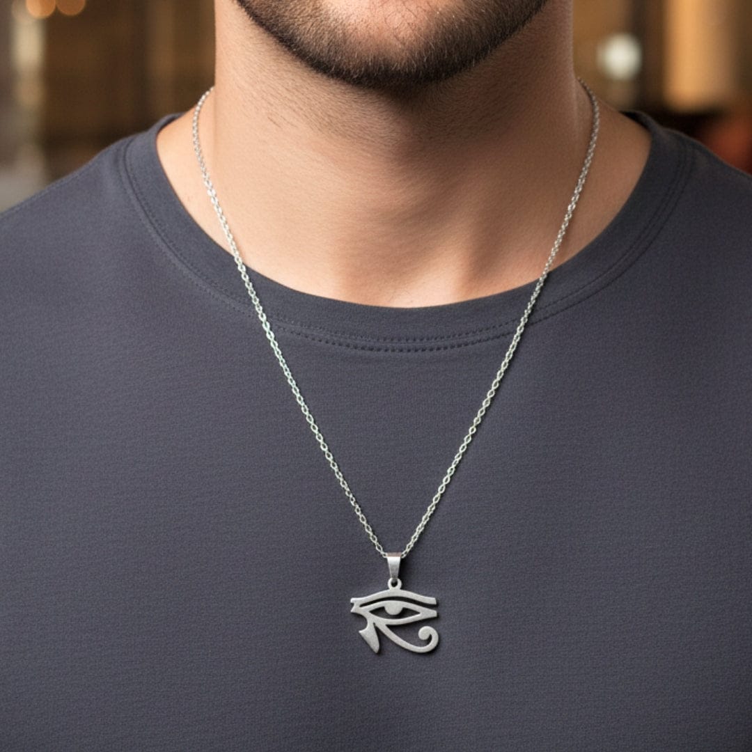THE MEN THING SS Pendant/ Necklace UDJAT EYE SILVER  -  Pure Titanium Steel Pendant with 24inch Round Box Chain for Men & Boys