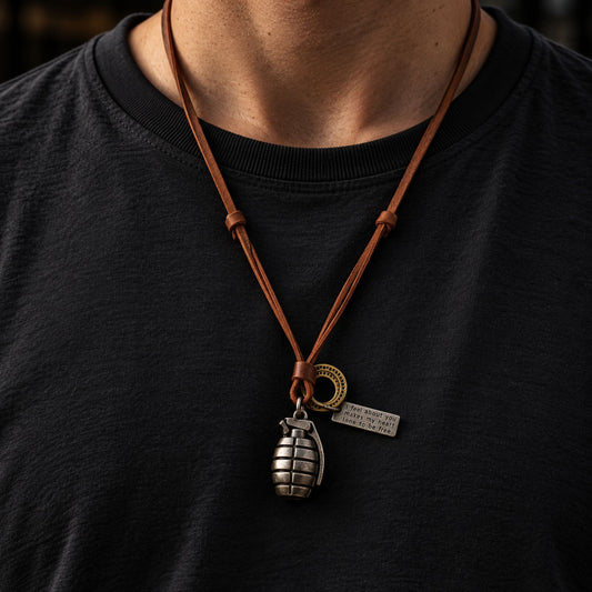 THE MEN THING SS Pendant/ Necklace URBAN GRENADE - Titanium Steel Pendant with Adjustable Rope Chain for Men & Boys
