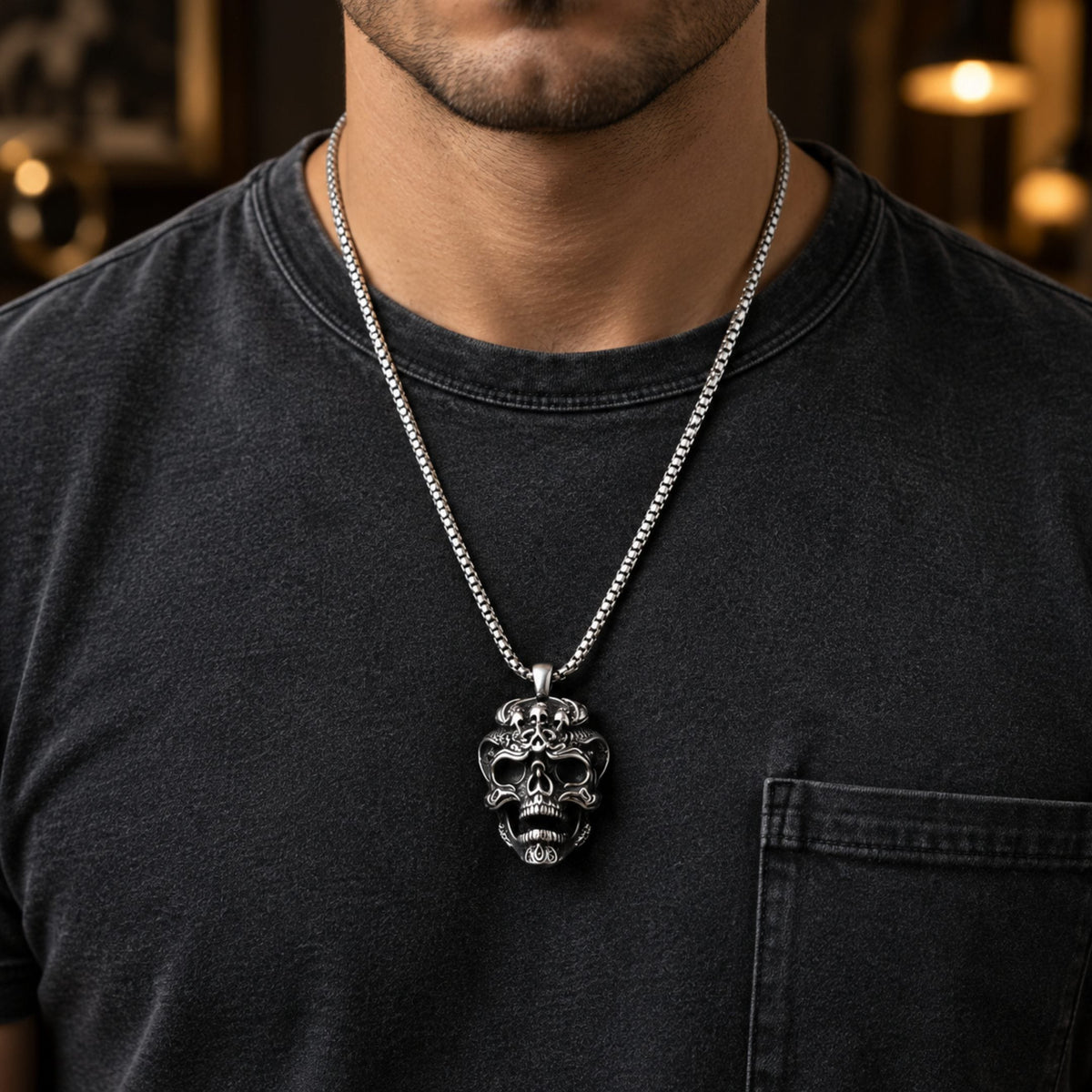 THE MEN THING SS Pendant/ Necklace VALKOR SKULL - 30mm Titanium Steel Pendant with 24inch Round Box 5mm Chain for Men & Boys