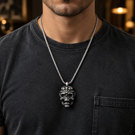 THE MEN THING SS Pendant/ Necklace VALKOR SKULL - 30mm Titanium Steel Pendant with 24inch Round Box 5mm Chain for Men & Boys