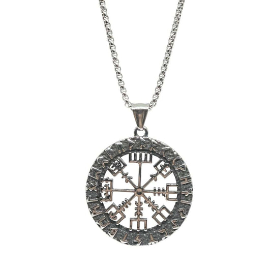 THE MEN THING SS Pendant/ Necklace VEGVISIR SHIELD - 40mm Titanium Steel Pendant with 24inch Round Box 5mm Chain for Men & Boys