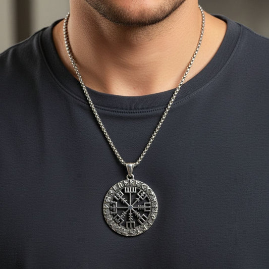 THE MEN THING SS Pendant/ Necklace VEGVISIR SHIELD - 40mm Titanium Steel Pendant with 24inch Round Box 5mm Chain for Men & Boys