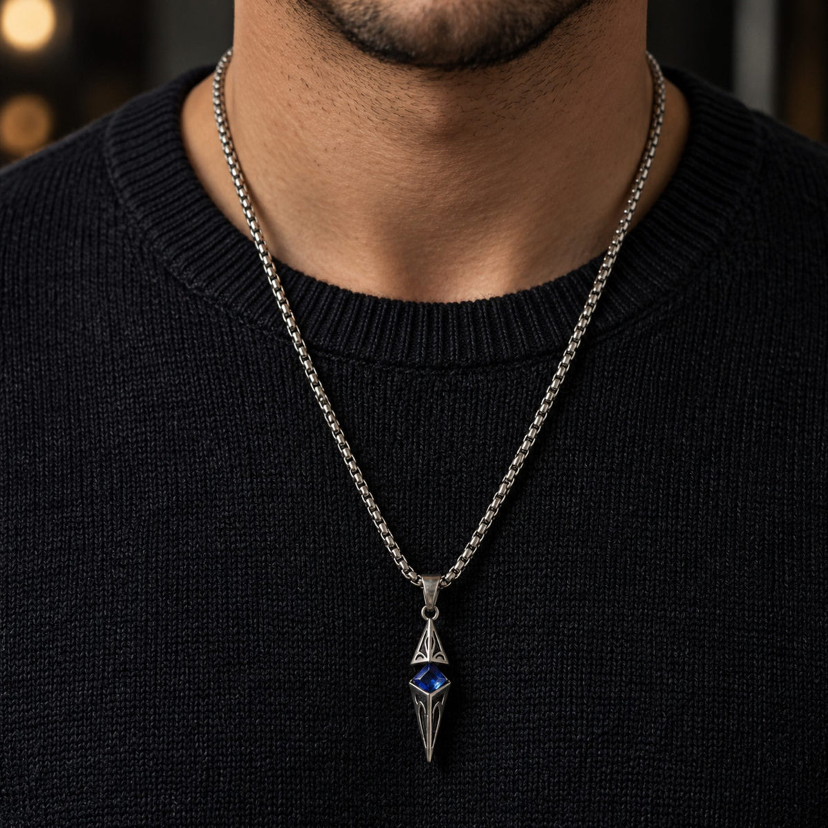 THE MEN THING SS Pendant/ Necklace VELTRIX AZURE - 10mm Titanium Steel Pendant with 23inch Round Box 4mm Chain for Men & Boys