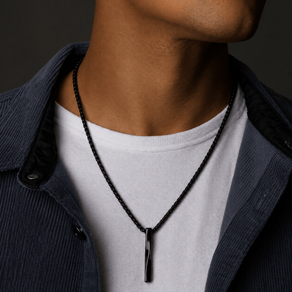 THE MEN THING SS Pendant/ Necklace VERTICAL TWIST -  Alloy Black Twisted  Bar Pendant with 24inch Black Round Box Chain, European trending Style for Men & Boys