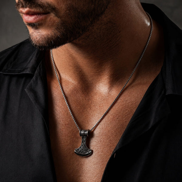 VIKING BATTLE  AXE - Alloy Pendant with Pure Stainless Steel  24inch Round Box Chain, American trending Style for Men & Boy